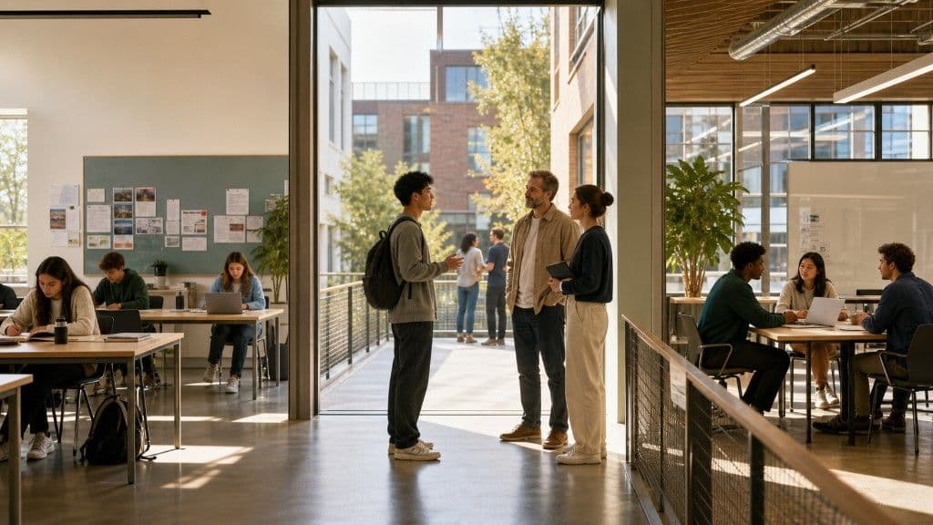 A student with a backpack in conversation with two professionals in a doorway, flanked by a learning environment on the left and a collaborative workspace on the right, representing the transition space between education and work.